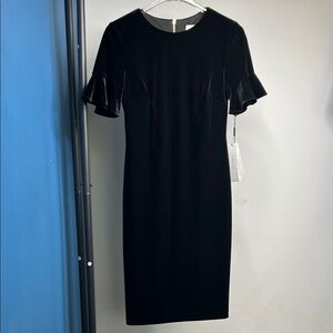 CALVIN KLEIN Size 6 Sheath Dress Flutter Sleeve Stretch Black Velvet Cocktail